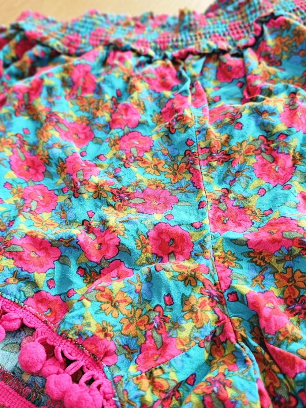 NATURAL LIFE Teal Floral High-Waist Shorts with Hot Pink Pom Pom Trim - Picture 3 of 5